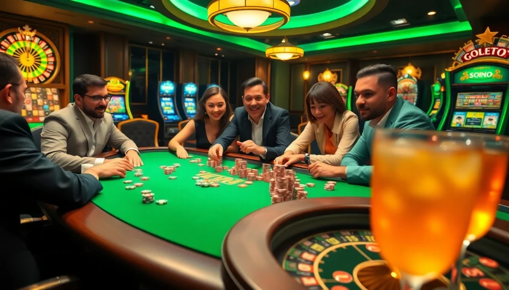 SODO casino poker table with vibrant chips and players immersed in gaming excitement.