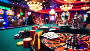 Aizraujoša kazino aina ar drukātām aprocēm uz rokām, krāsainiem čipiem un ruletes galds.