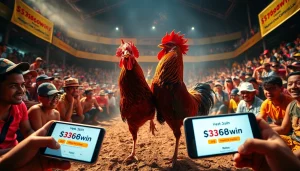 Live cockfighting action at sv368win.live, showcasing intense competition and enthusiastic spectators.