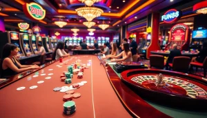 Experience thrilling gaming action at FUN88.SE.NET, featuring vibrant casino tables and slot machines to engage players.