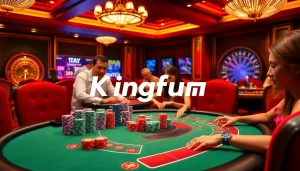 Kingfun casino scene showcasing a luxurious poker table and exciting gameplay atmosphere.