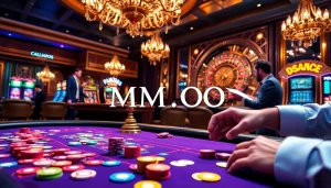 Engage in the excitement of gambling with MMOO at a luxury casino table filled with vibrant cards and chips.