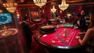 Exciting casino gaming action at https://uu88ae.com/, featuring roulette, poker, and vibrant players.