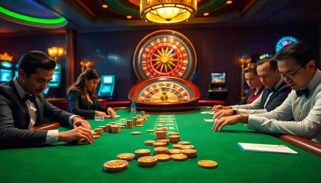 Players enjoying an intense game of poker at QH88 casino with vibrant chips and roulette wheel.