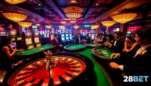 Players enjoying high-stakes games at 28BET's luxurious casino with roulette and poker.