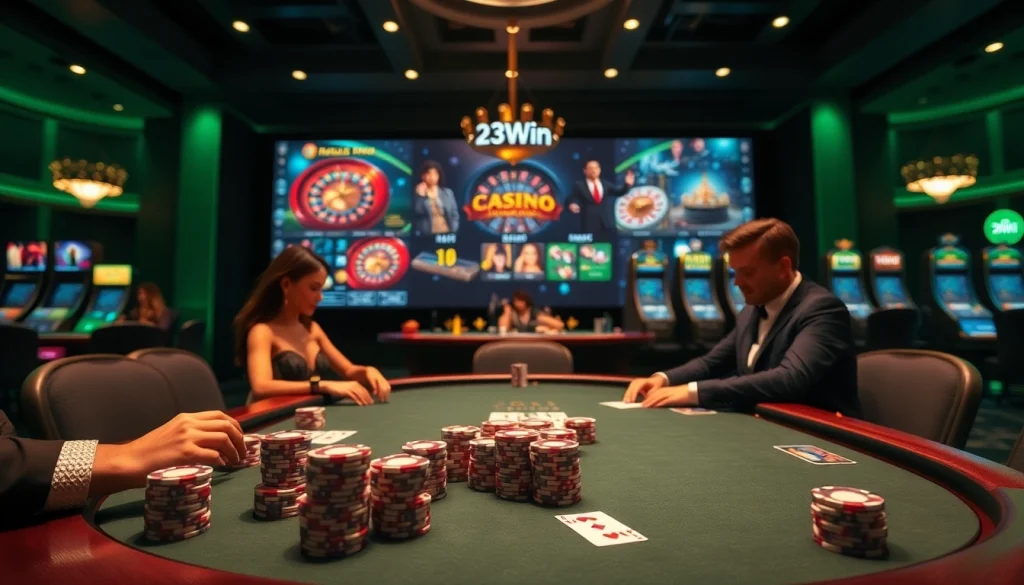 23Win players enjoying an exhilarating poker game with vibrant casino elements.