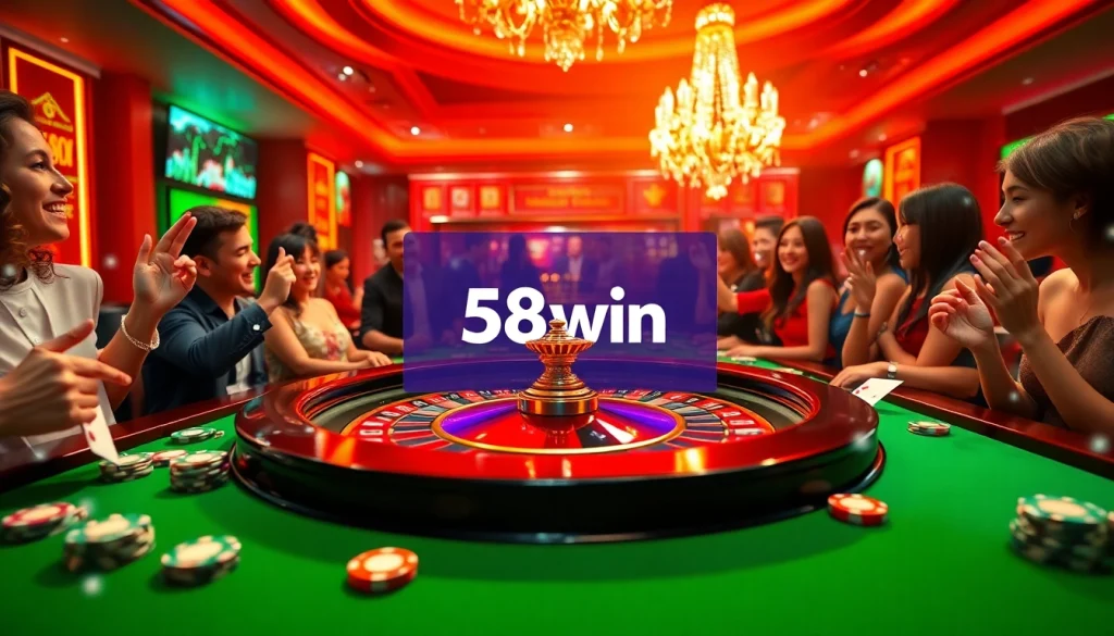 Players enjoying an exciting game at 58win's luxurious casino table with vibrant colors.