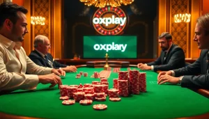 Players strategizing in a luxurious casino scene with oxplay branding.