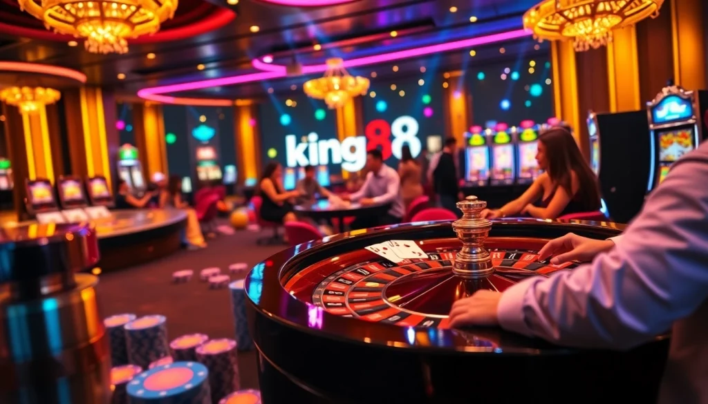 king88 casino scene with players and roulette wheels, highlighting excitement and luxury