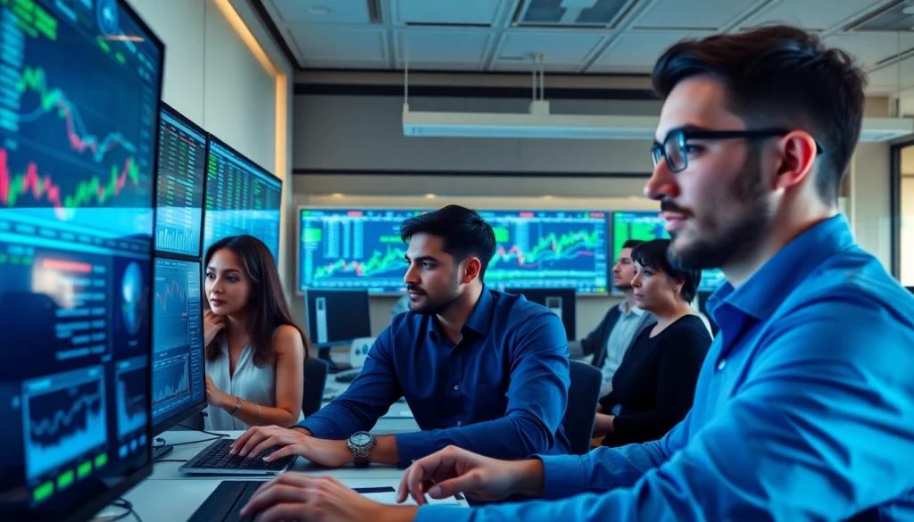 Traders using the quantum ai app in a modern trading environment with AI technology.