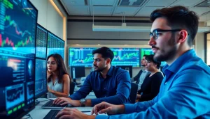 Traders using the quantum ai app in a modern trading environment with AI technology.