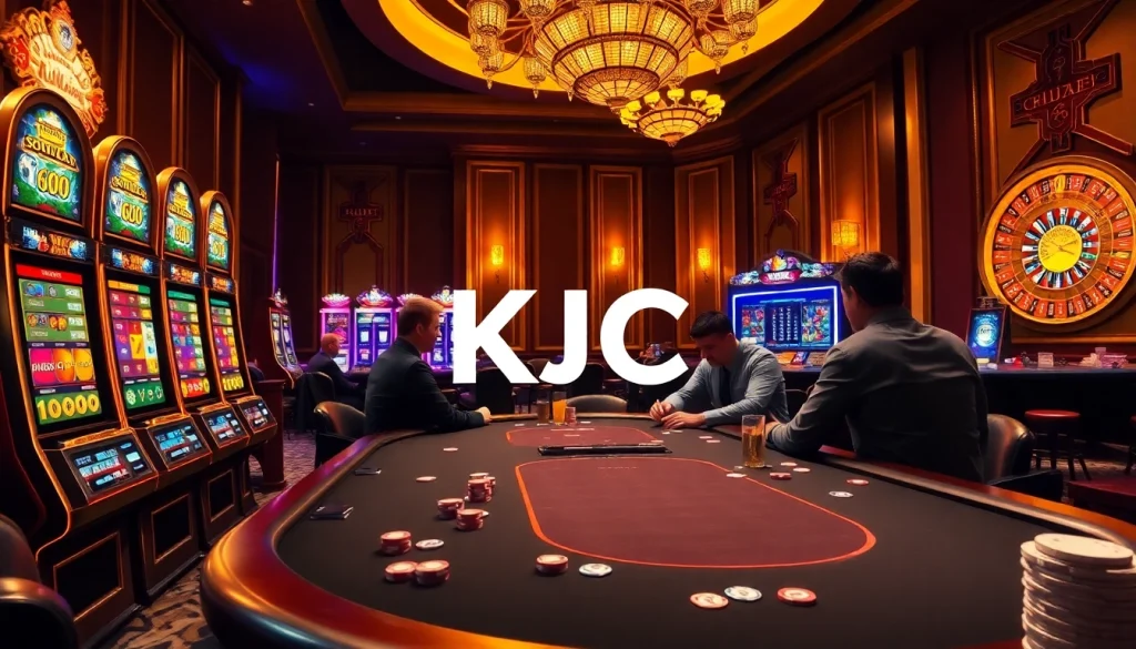 Exciting gambling action at a KJC-themed poker table in a luxurious casino setting.