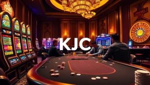 Exciting gambling action at a KJC-themed poker table in a luxurious casino setting.