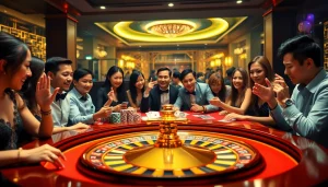 Players engaging in thrilling 68 game bài at a luxurious casino table filled with excitement and anticipation.