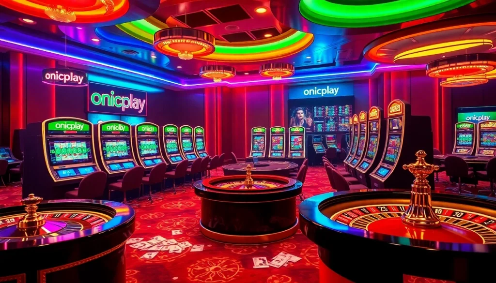 Experience thrill at ONICPLAY's slot machines in a dazzling neon casino.