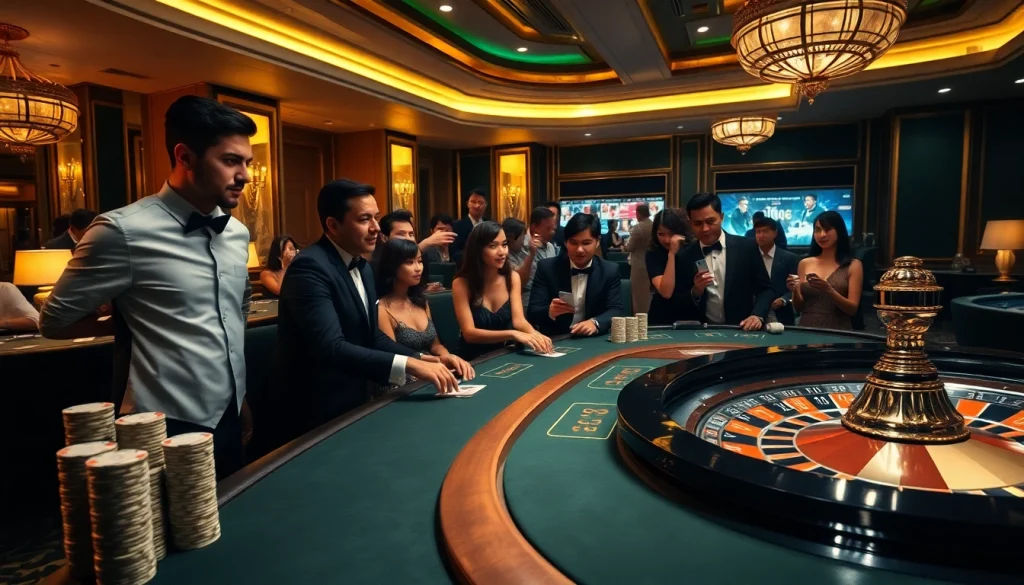 Engaging scene of a professional casino showcasing nhà cái uy tín with lively poker and roulette.