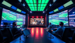 Dynamic sports broadcasting studio featuring live events and advanced technology.