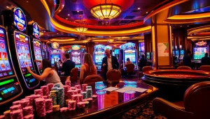 Engaging scene of players enjoying slot games with "slot depo 5rb" excitement in a luxurious casino setting.