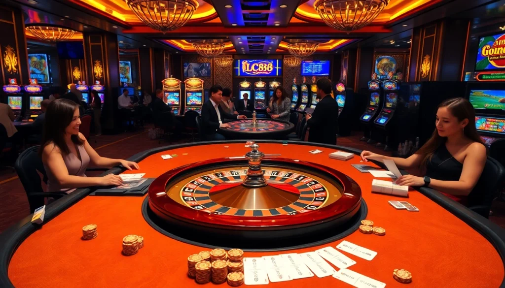 Engaging poker table scene featuring LC88-themed chips and vibrant casino atmosphere.