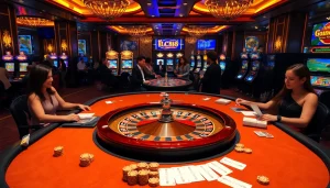 Engaging poker table scene featuring LC88-themed chips and vibrant casino atmosphere.