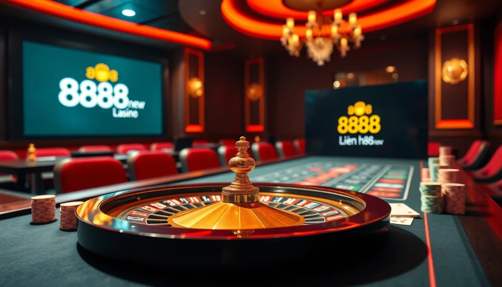 Engage with Liên hệ 888new through a thrilling casino atmosphere, showcasing poker chips and a roulette wheel.