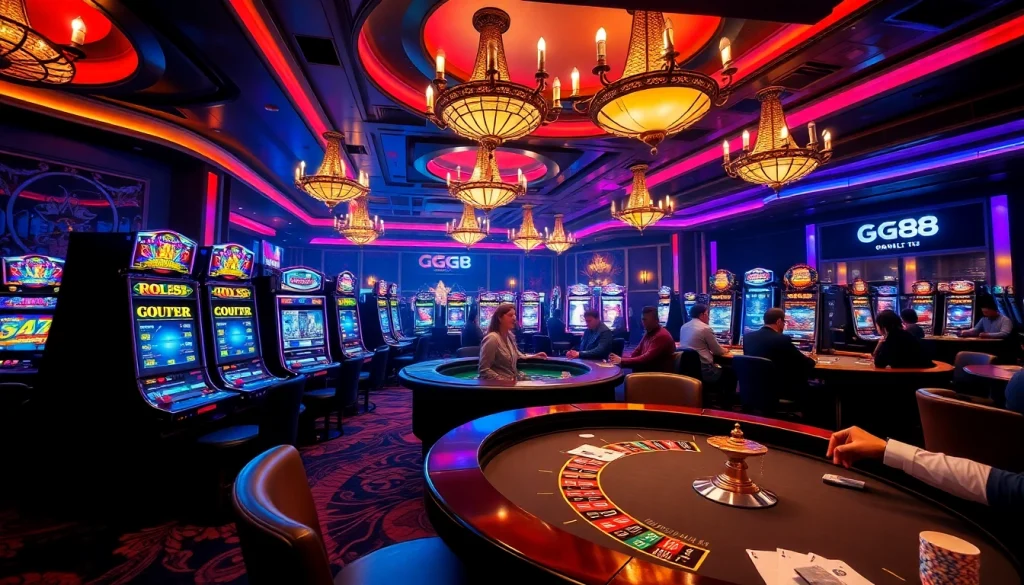 Experience the excitement of gambling at https://gg88.tech/ with a vibrant casino scene featuring slot machines and poker.