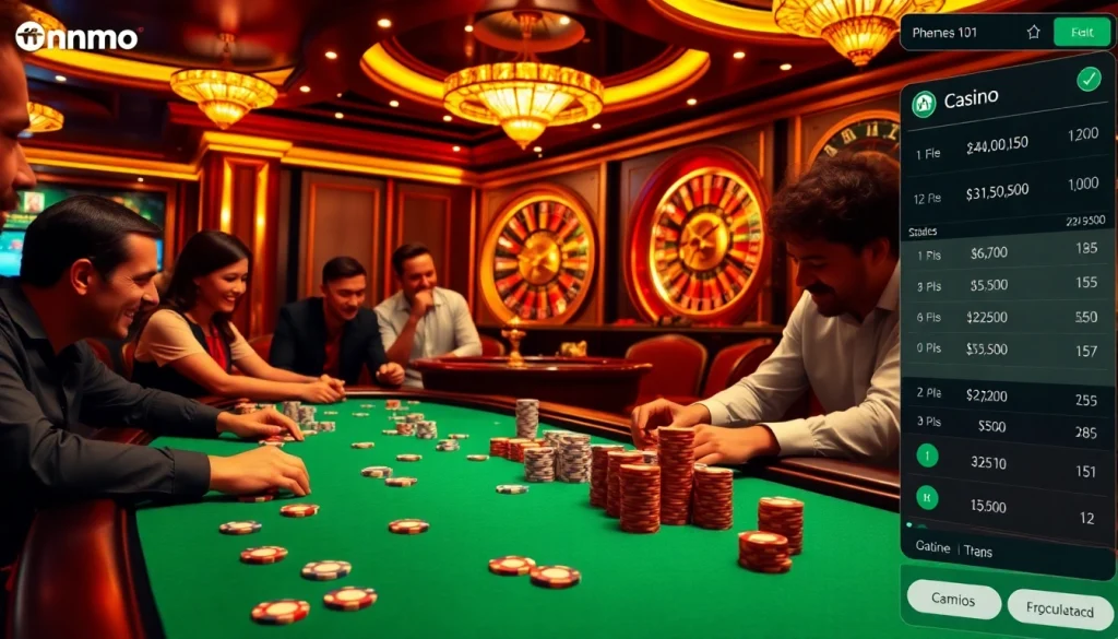 Players enjoying a thrilling poker game at a luxurious casino with mmoo betting options.