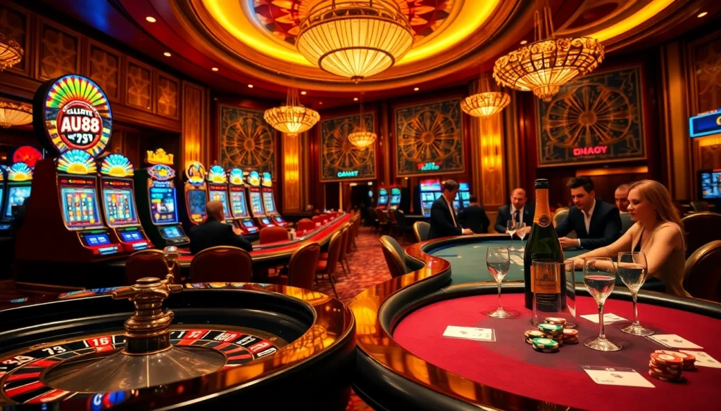 Experience the excitement of AU88 gambling with players at casino tables and slot machines.