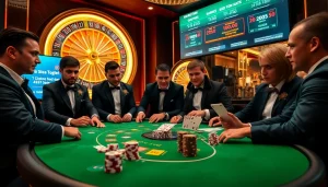 Exciting poker game scene at okfun casino with colorful chips and intense players.