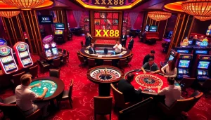 Action-packed casino scene at XX88 with vibrant gaming tables and excited players.