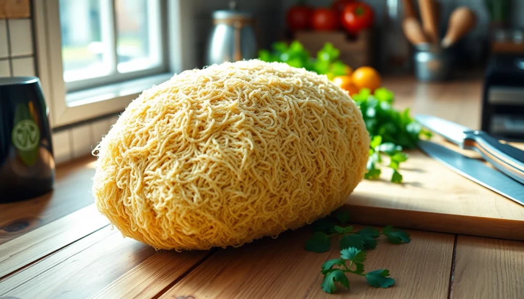 Kitchen loofah beautifully displayed with fresh vegetables against a rustic countertop.