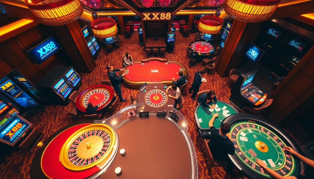Experience excitement at XX88 with thrilling poker games and vibrant casino interiors.