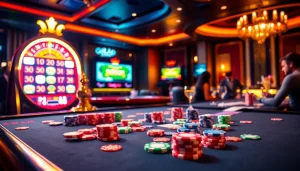 Experience the excitement of gilajp in a vibrant casino atmosphere with gaming tables and slot machines.