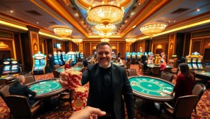 Winning at 2PH222 COM casino with poker chips in a luxurious gaming hall.