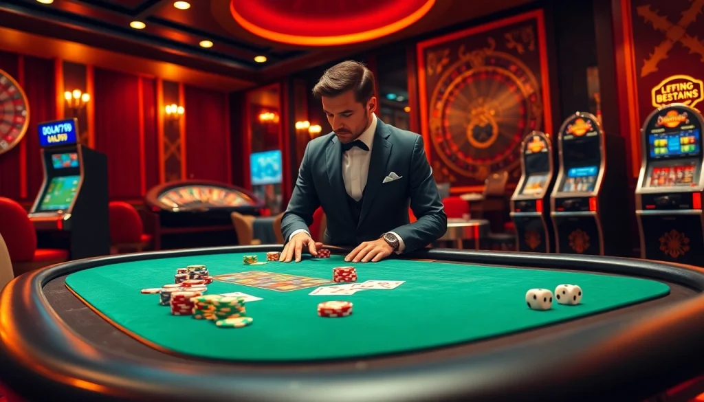 DOLA789 poker table scene featuring colorful chips, cards, and a roulette wheel.