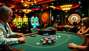 Excited players wagering at the luxurious OK365 poker table surrounded by slots and roulette.