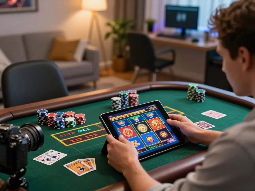 Engaging in online casino gameplay at https://vmax99.vip/ with tablet and gambling paraphernalia in comfortable setting.