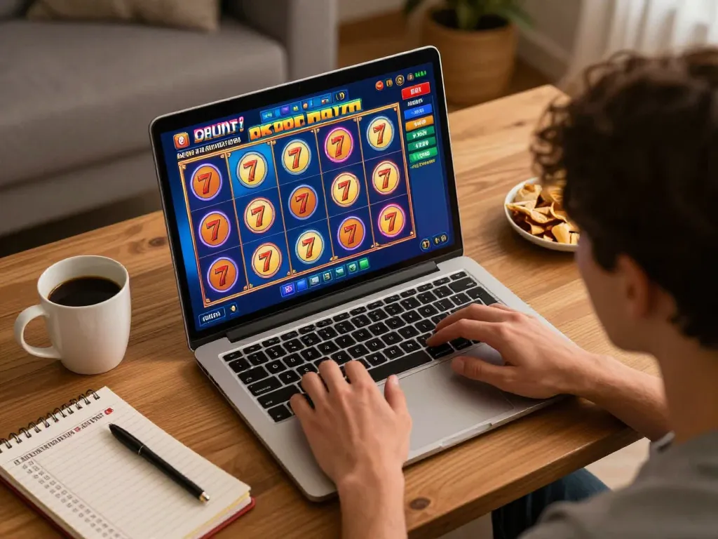 Engaged player exploring slot gacor 777 online gaming interface in a cozy home setup, reflecting responsible gambling.