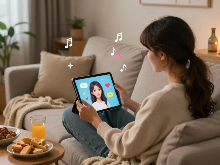 AI girlfriend character engaging in a cozy virtual date, highlighting interactive digital connections.