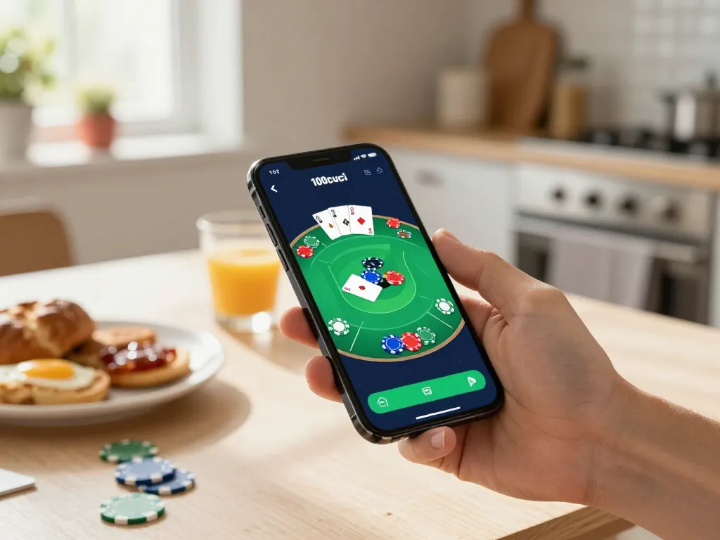 Alami log masuk aplikasi 100cuci yang lancar dengan telefon pintar di dalam suasana dapur yang selesa.
