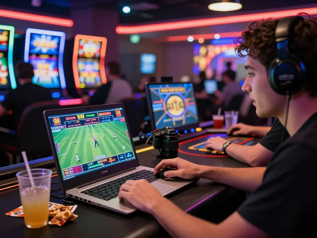Enthusiastic player enjoying bk8 online gaming experience in vibrant casino atmosphere with diverse game options.
