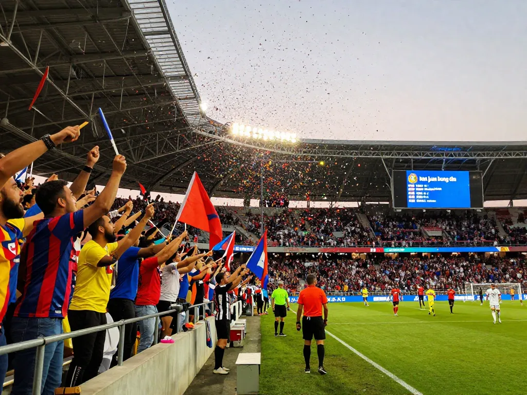 Excited fans cheering in stadium while following kết quả bóng đá live updates.