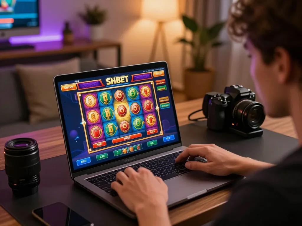 Engaging with SHBET's online casino platform showcasing vibrant gameplay and strategy on laptop in cozy setting.