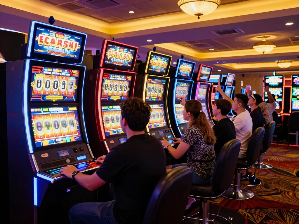 Players celebrating wins at the lively slot gacor area in a bustling casino
