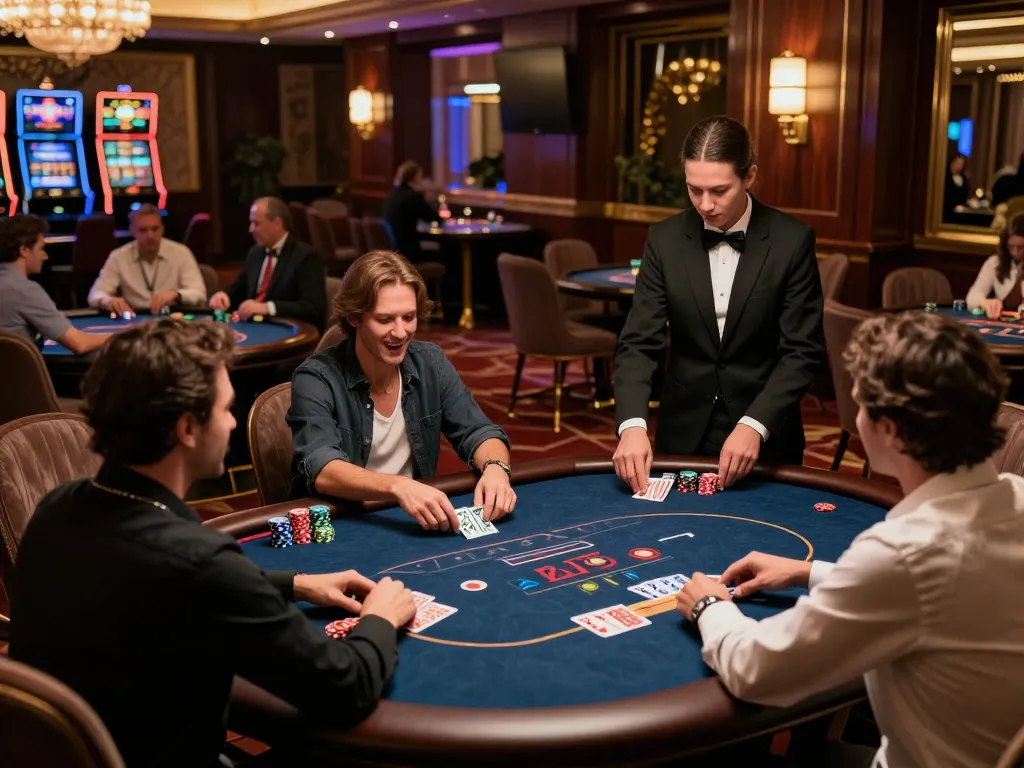max79 players enjoying a high-stakes poker game in an upscale casino with elegant decor