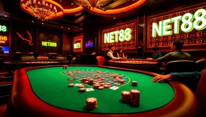 NET88 players engaging at a lively casino poker table with vibrant decor and excitement.