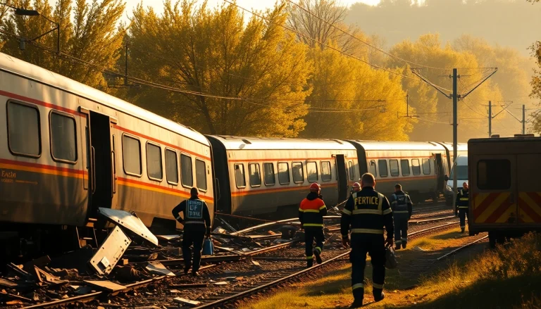 Spain train crash aftermath showing emergency responders working amidst debris.