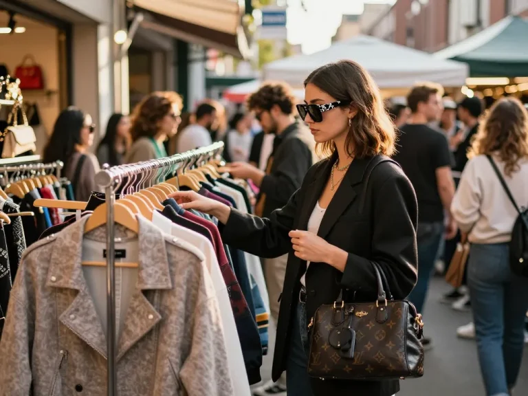 Stylish model wearing 레플리카 sunglasses browsing trendy outfits in a vibrant urban marketplace.