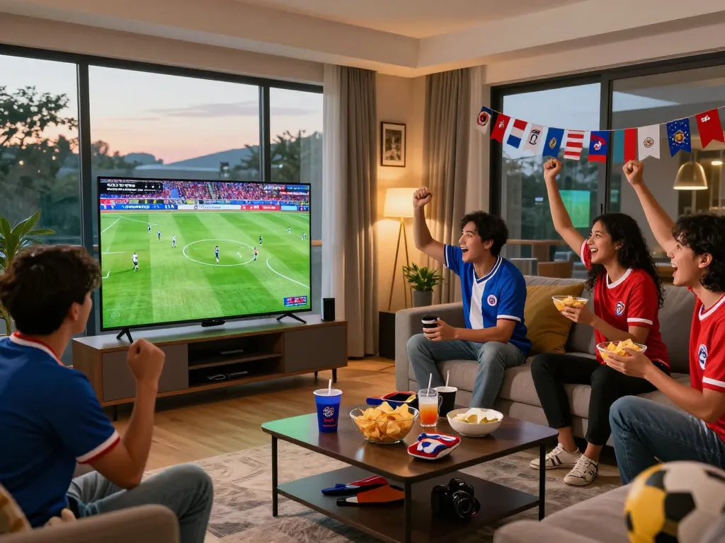 Excited football fans enjoying a live match streaming on Cakhia tv in a vibrant home setting