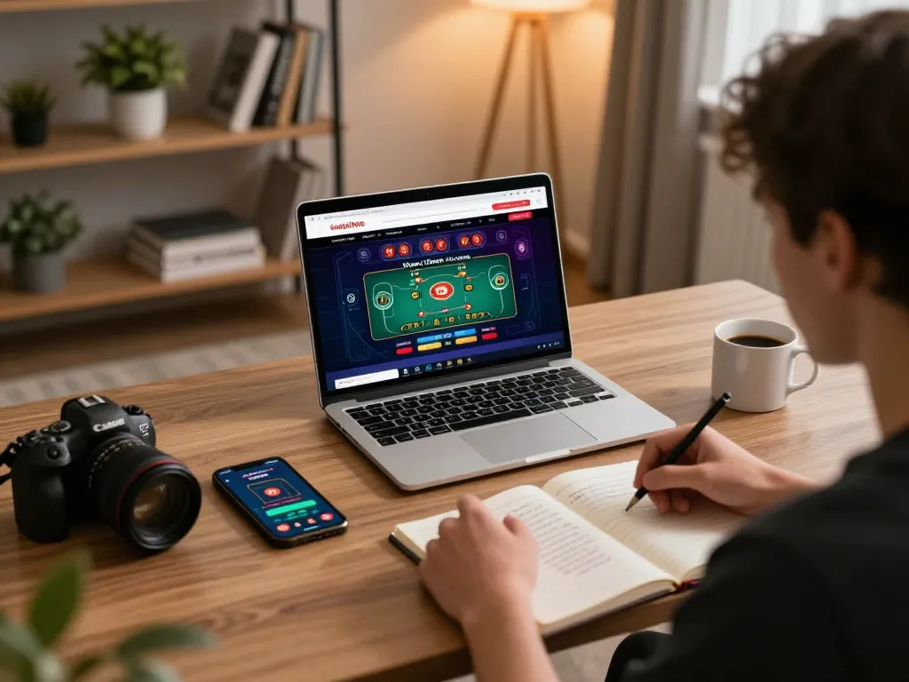 sungaitoto online gaming setup with laptop displaying live dealer interface, modern home atmosphere